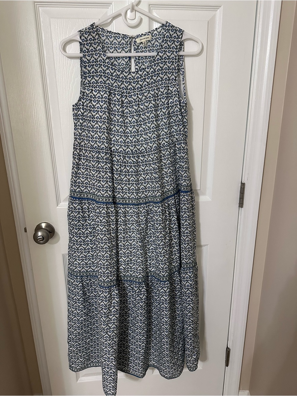 Max Studio Navy and White Printed Tiered Maxi Dress